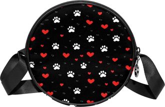 Generic Circle Crossbody Bag for Women, Paws Red Hearts Small Sling Bag Daypack with Zipper Adjustable Shoulder Straps Casual Ladies Girls Round Purse