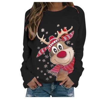 Generic Christmas Sweatshirt Women Reindeer Graphic Print Jumper Long Sleeve Shirt Ugly Sweater Outwear Unisex Pullover Causal Crewneck Sweat Tops Xmas Sweats