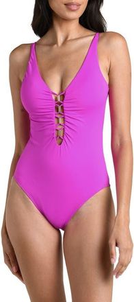 La Blanca Island Goddess Beaded Lace-Up Plunge One-Piece Swimsuit in Violet at Nordstrom, Size 12