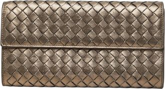 Bottega Veneta Intrecciato Champagne Gold Leather Long Wallet (Bi-Fold) (Pre-Owned)
