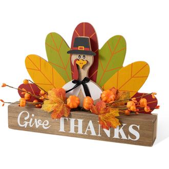 Glitzhome Thanksgiving Wooden Pilgrim Table Block Sign in Brown at Nordstrom, Size Large