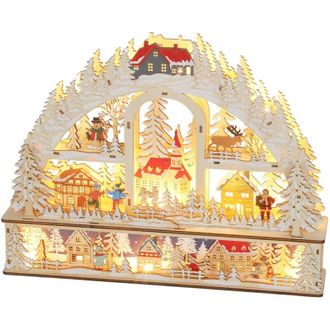 OEM Otro Adorno Navide&ntilde;o: Pueblo Navide&ntilde;o Iluminado Con 20 Led, Pueblo Navide&ntilde;o Animado Con Arco, Funciona Con Pilas, 45 X 10 X 35 Cm, Madera Natural -cre
