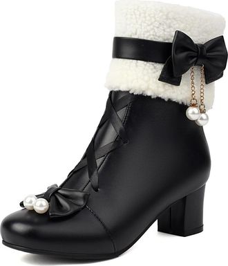 Generic Womens Round Toe Lolita Shoes with Bow PU Leather Short Boots with Zipper Block Heel Winter Ankle Boot,Black,8.5 UK