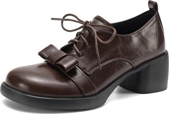 Generic Womens Bow Accent Oxfords Round Toe Lace-Up Block Heels Thick Sole Multi Color Options Adjustable Laces Pull Tab Smooth Upper Comfortable Shoes,Brown,