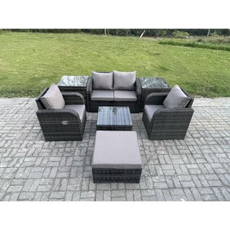 Fimous Rattan Garden Furniture Set Patio Conservatory Indoor Outdoor 7 Piece Set with Love Sofa Square Coffee Table 2 Side Tables Big Footstool - Fimous