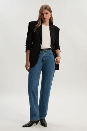 Karen Millen Womens Rigid Denim High Rise Straight Leg Jean - Blue Cotton - Size 12 UK