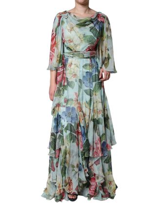 Dolce & Gabbana Blue Floral Print Tiered Long Maxi Womens Dress (Pre-Owned)