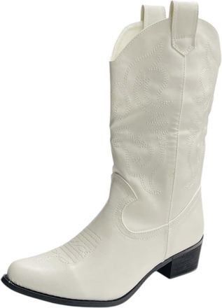 Generic Womens Embroidered Faux Patent Cowboy Ladies Mid Calf Walking Fashion Boots (White, One Size, UK Footwear Size System, Adult, Women, Numeric, Medium, 