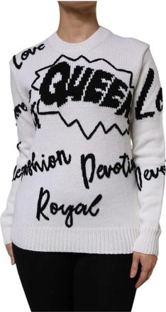 Dolce & Gabbana Witte Wol Gebreide Crew Neck Sweater - Dames - Ronde hals truien - Wit - L - Wol - Truien & Vesten