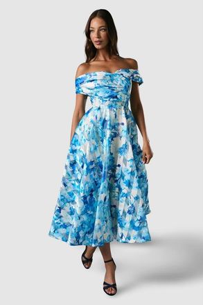 Coast Off-Shoulder Floral Statement Midi Dress in Blue at Nordstrom, Size 14