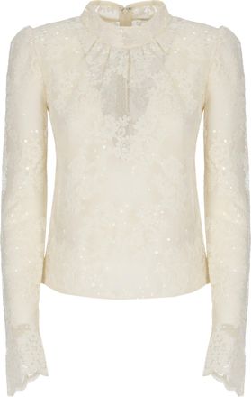 Self Portrait Intricate Floral Lace Sweater with Sequins and Rear Zip