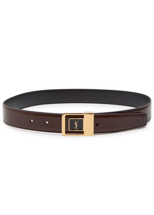 Saint Laurent Logo-engraved Grained Leather Belt - Chocolate - 90 (UK 14 / XL)
