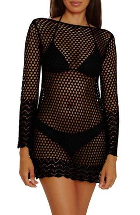 BECCA by Rebecca Virtue Treasure Island Long Sleeve Reversible Open Knit Cover-Up Tunic in Black at Nordstrom, Size Medium