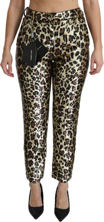Dolce & Gabbana Womens Brown Leopard Sequined High Waist Pants Gold Pvc Silk Polyester Elastane