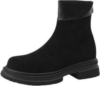 Generic Womens Round Toe Ankle Boots Soft Suede Like Fabric Contrast PU Leather Cuff Non Slip Wear Resistant Chunky Sole Side Zipper Comfortable For Daily Com