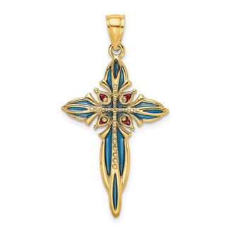 Diamond2Deal 14k Yellow Gold Blue and Red Enameled Cross Charm Pendant