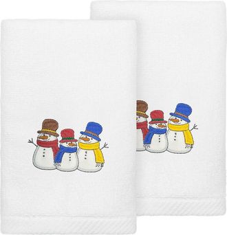 Linum Home Textiles Set Of 2 Christmas Snow People Embroidered Luxury 100% Turkish Cotton Hand Towels