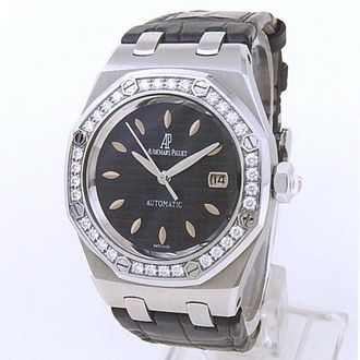 Audemars Piguet Pre-owned Audemars Piguet Royal Oak Diamond Black Grande Tapisserie Dial Ladies Watch 77321ST.ZZ.D002CR.01
