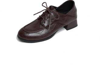 Generic Womens Lace Up Oxford Shoes Round Toe Textured Upper Low Block Heel Closed Toe Non Slip Sole Lightweight Breathable Comfortable for Office Casual,Brow