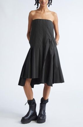 sacai Glen Plaid Mixed Media Strapless Dress in Khaki at Nordstrom, Size 4