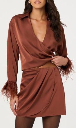 ASTR the Label Catrina Feather Accent Surplice Satin Top in Rust Brown at Nordstrom Rack, Size X-Small
