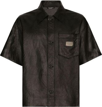 Dolce & Gabbana logo-plaque leather shirt - men - Lambskin - 54 - Black