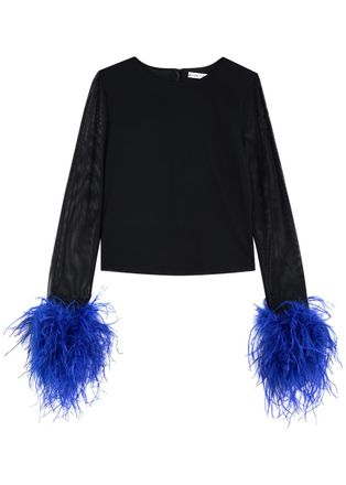 Alice & Olivia Delaina Feather-trimmed Mesh top - Black - L (UK14 / L)