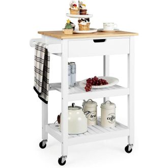 Costway Costway - Isla De Cocina Rodante De Bamb&uacute; Con Caj&oacute;n, Toallero Lateral Y Asa De Empuje, 2 Estantes Abiertos, Carro Para Microondas, Carrito De Bar M&oacute;vi