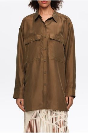 Bimba & Lola Oversize Silk Shirt in Olive at Nordstrom, Size X-Small