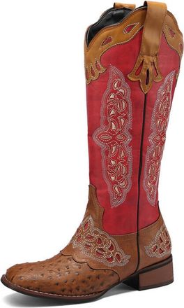 Generic Womens Square Toe PU Leather Knee High Boots Low Block Heel Western Cowboy Boots Pull on Retro Dress Shoes,Red,3.5 UK