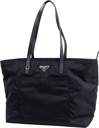 Prada Navy Nylon Leather Shoulder Bag Tote Bag (Pre-Owned)