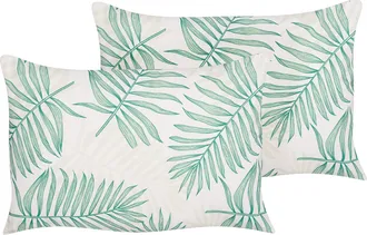 Beliani Conjunto De 2 Cojines De Jard&iacute;n Almohada De Exterior 40 X 60 Cm Poli&eacute;ster Motivo Hojas Palmera Beige Y Verde Poggio