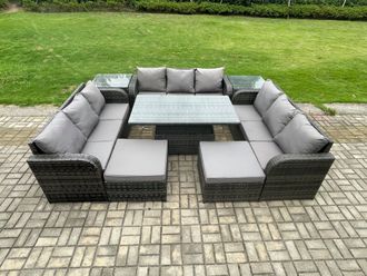 Fimous 11 Seater Garden Dining Set Outdoor Rattan Furniture Lounge Sofa Height Adjustable Rising lifting Table in Dark Grey