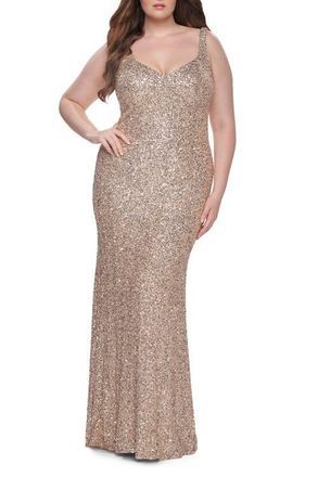 La Femme Fitted Stretch Sequin Plus Size Dress with V-Neck in Rose Gold at Nordstrom, Size 18W