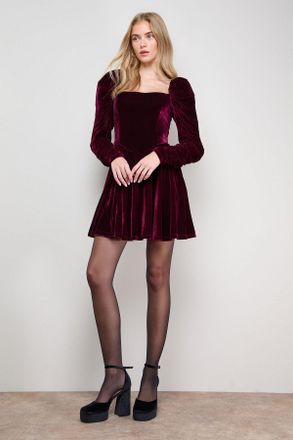 Oasis Womens Puff Sleeve Mini Skater Dress - Burgundy - Size 12 UK