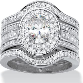Palm Beach Jewelry 2.60 TCW CZ Platinum-Plated Halo Bridal Ring Set