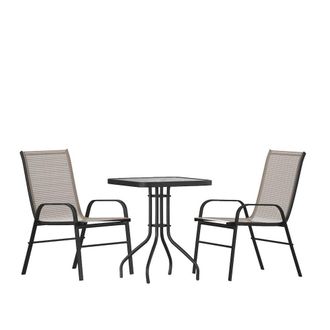 Flash Furniture 3 Piece Set - 23.5 Tempered Glass Patio Table, 2 Brown Stack Chairs