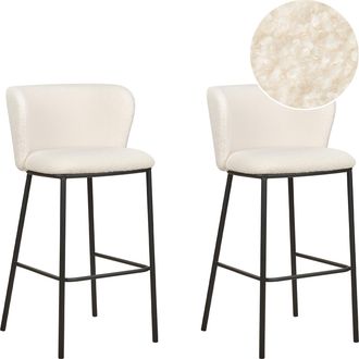Beliani Beliani - Conjunto De 2 Sillas De Bar Modernas Taburetes Asiento Tapizado Boucl&eacute; Respaldo Curvo Sin Reposabrazos Patas Negras Blanco Mina