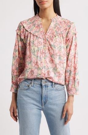 Wit & Wisdom Floral Print Smocked Yoke Button-Up Top in Buttercream/Sachet Pink Multi at Nordstrom Rack, Size X-Small