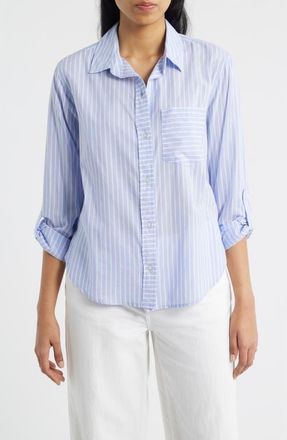 Beach Lunch Lounge Campbell Directional Stripe Long Sleeve Cotton Blend Button-Up Shirt in Line Rain at Nordstrom, Size Medium