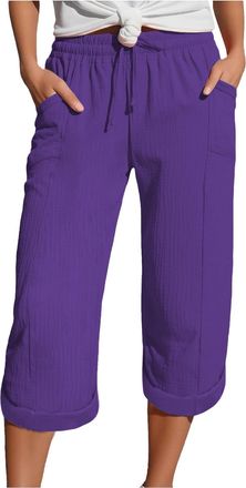 Generic Linen Trousers Womens Drawstring Elastic Waist Summer Lightweight 3/4 Trousers With Pockets Causal Loose Comfortable Fabric Sport Leisure Beach Hiking