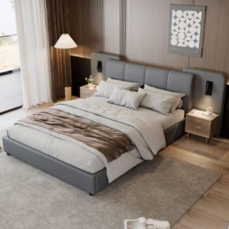 Matteo Upholstered Double bed, With charging port & lighting in Grey