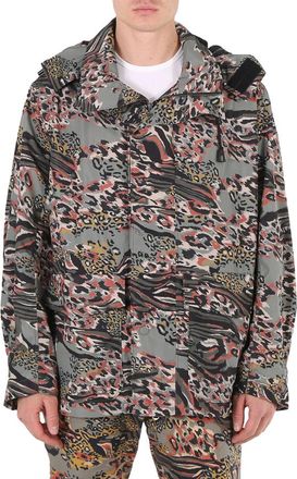 Roberto Cavalli Mens Khaki/Venetian Red Animalier Camouflage Hooded Jacket, Brand Size 52 (US Size 42)