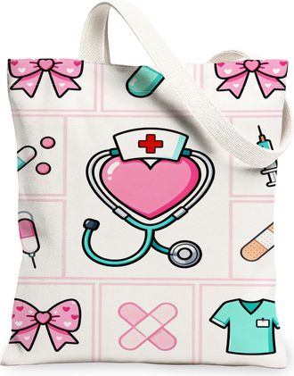 Generic Cute Medical Canvas Tote Bags, Heart Pattern Reusable Grocery Bags, Fun Nurse Design Lightweight Washable Shoulder Strap Fo, Peach, 13x15 Inch