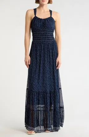 Max Studio Halter Tiered Maxi Dress in Navy/Ivory Medium Polka Dot at Nordstrom Rack, Size X-Small