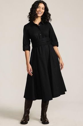 Lands End Poplin Midi Wrap Front Dress in Black at Nordstrom, Size 10