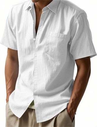 Generic DENGJIAMY Plain Shirts for Men Mens Linen Tee Short Sleeve Casual Lightweight Button Down Shirt Beach Summer Tops with Pocket Mens Vacation Outfits (W