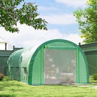 OUTSUNNY Walk-in Tunnel Greenhouse, Upgraded Structure, Mesh Door & Windows in Green | Size: 6m