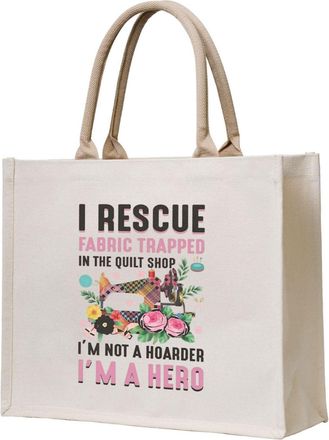 Generic I Rescue Fabric Trapped In The Quilt Shop Canvas Tote Bag For Sewers & Knitters, Sewing Theme Reusable Grocery Bag, Funny Crafting Gift For Women, Lar