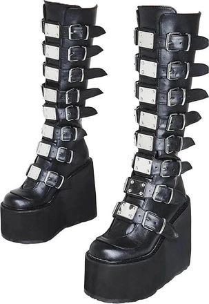 Generic Womens Platform Gothic High Boots Lace Up Wedge Heel Buckle Strap Leather Long Booties Cosplay Style